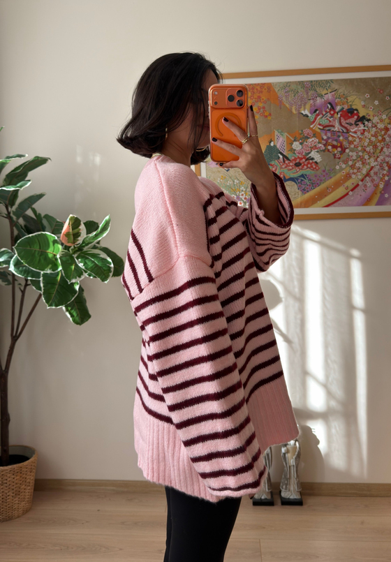 Çizgili Oversize Pinterest Kazak Pudra-Bordo