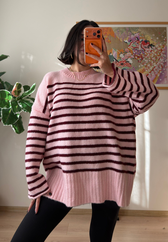Çizgili Oversize Pinterest Kazak Pudra-Bordo
