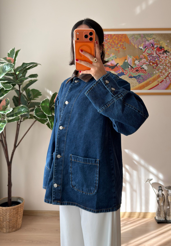 Deri Yaka Üç Cepli Oversize Denim Ceket