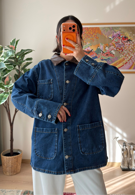 Deri Yaka Üç Cepli Oversize Denim Ceket