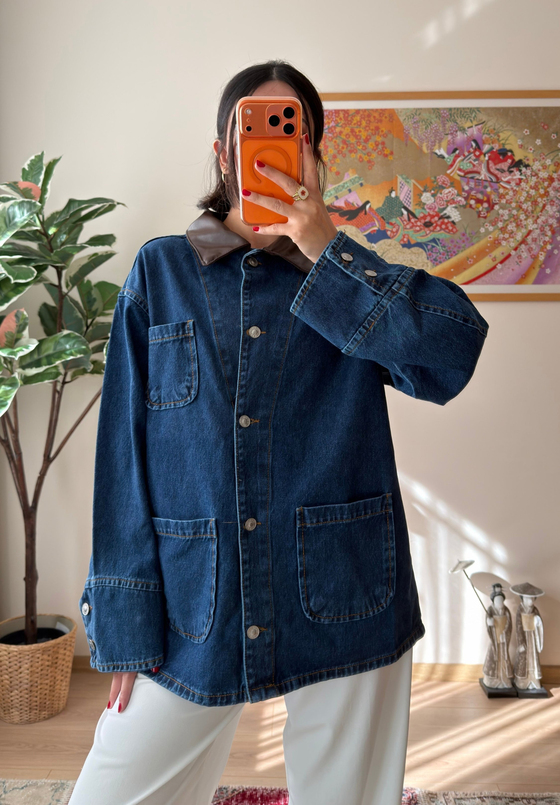 Deri Yaka Üç Cepli Oversize Denim Ceket