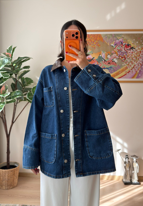 Deri Yaka Üç Cepli Oversize Denim Ceket