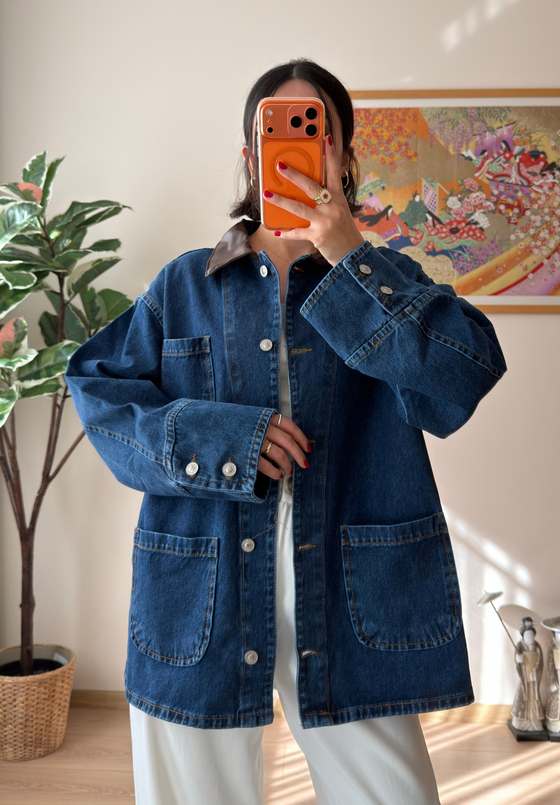 Deri Yaka Üç Cepli Oversize Denim Ceket