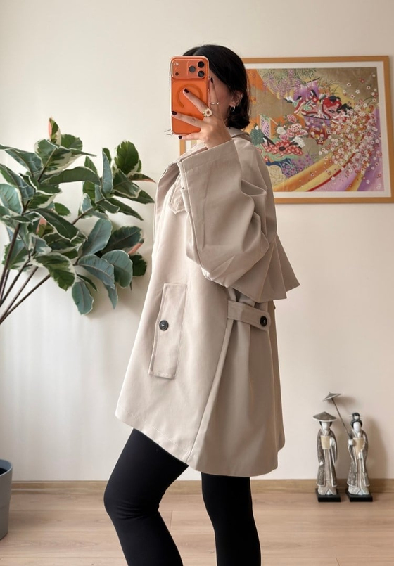 Dik Yaka Cepli Oversize Kısa Trençkot Bej