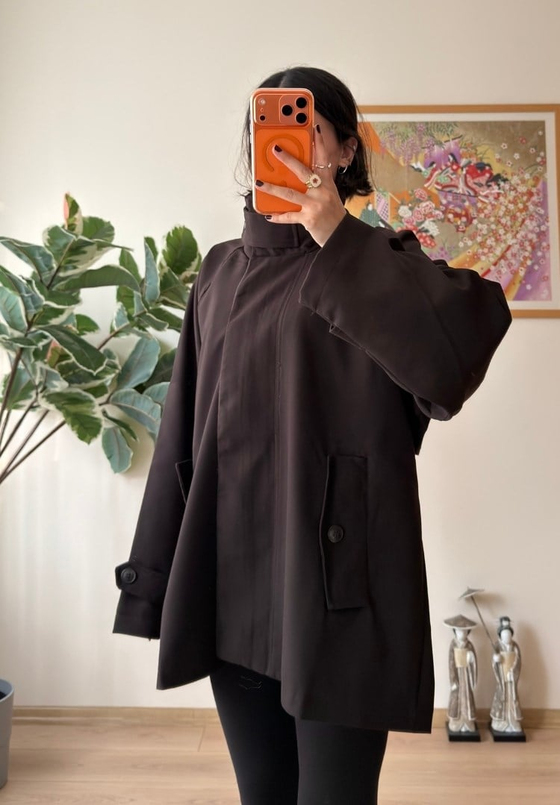 Dik Yaka Cepli Oversize Kısa Trençkot Kahve