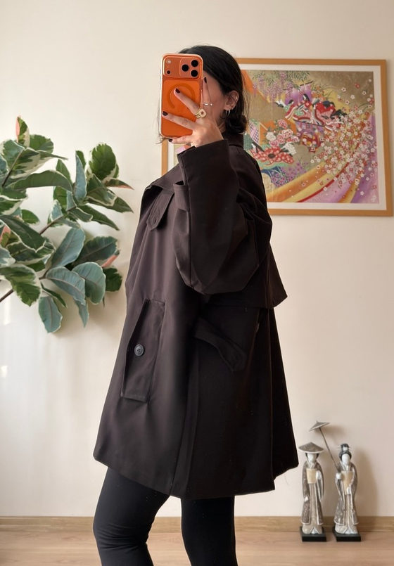 Dik Yaka Cepli Oversize Kısa Trençkot Kahve