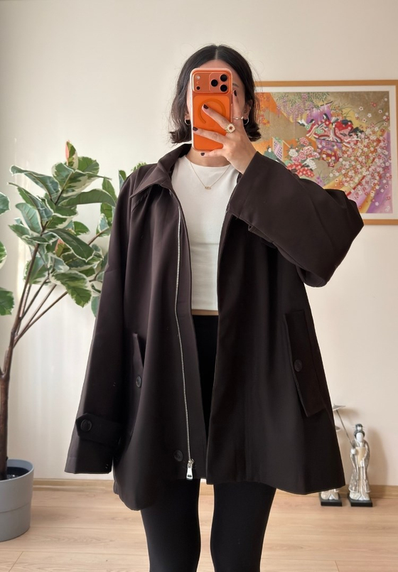 Dik Yaka Cepli Oversize Kısa Trençkot Kahve