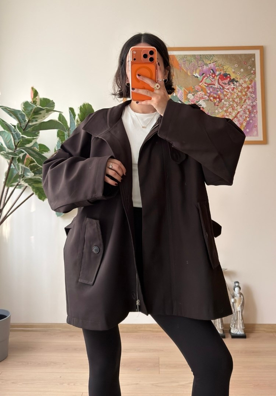 Dik Yaka Cepli Oversize Kısa Trençkot Kahve