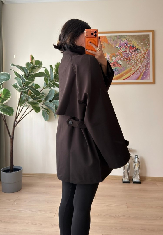 Dik Yaka Cepli Oversize Kısa Trençkot Kahve