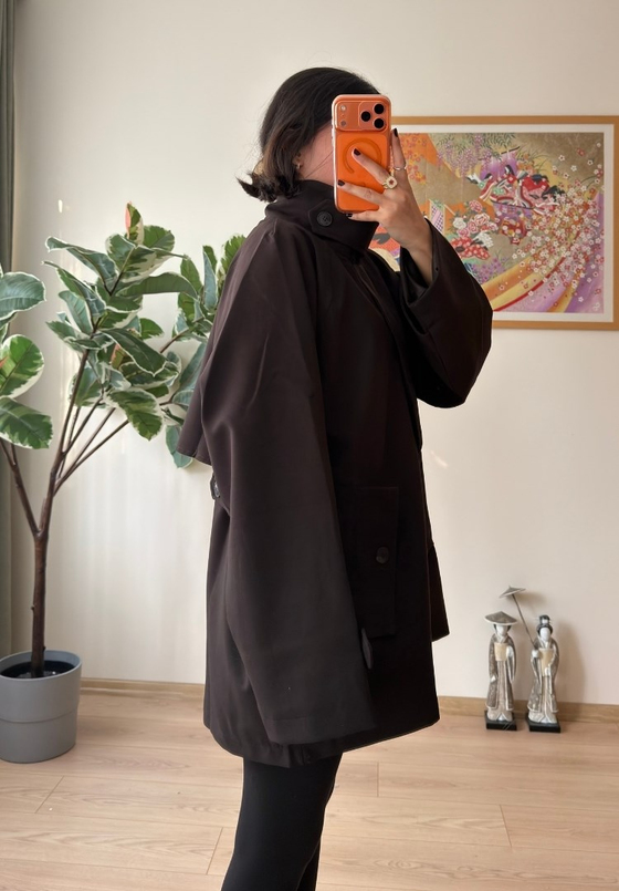 Dik Yaka Cepli Oversize Kısa Trençkot Kahve