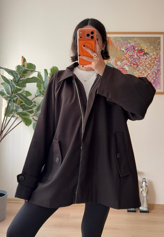 Dik Yaka Cepli Oversize Kısa Trençkot Kahve