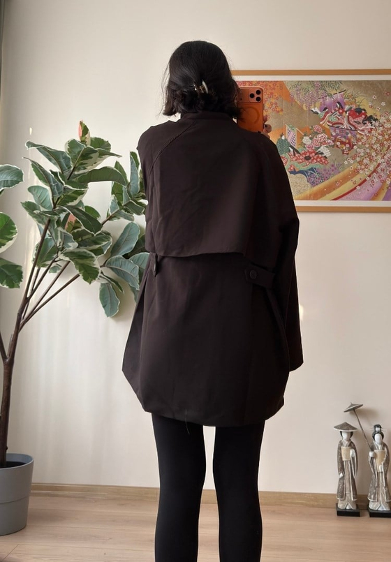 Dik Yaka Cepli Oversize Kısa Trençkot Kahve