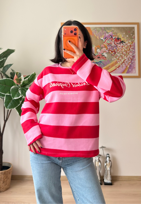 District Baskılı Oversize Sweatshirt Pembe