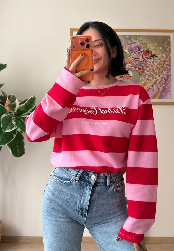 District Baskılı Oversize Sweatshirt Pembe