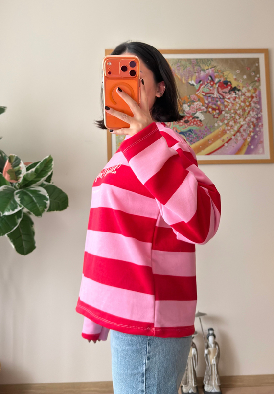 District Baskılı Oversize Sweatshirt Pembe