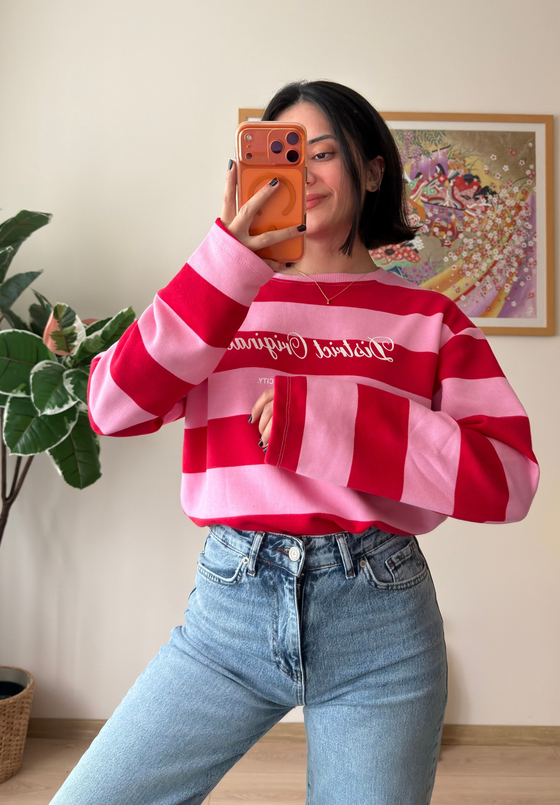 District Baskılı Oversize Sweatshirt Pembe