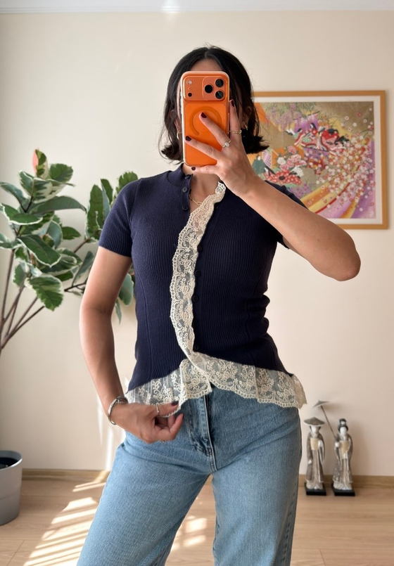 Fuka Dantel Detaylı Triko Bluz Lacivert