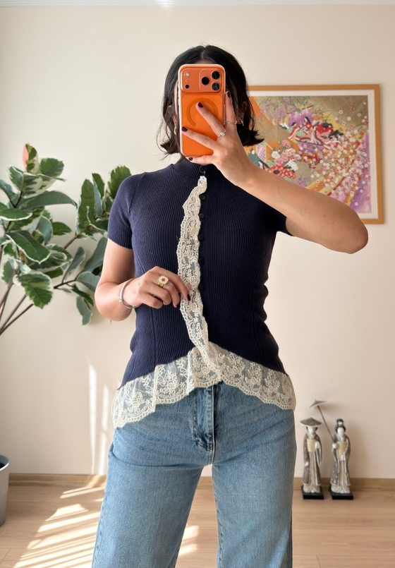 Fuka Dantel Detaylı Triko Bluz Lacivert