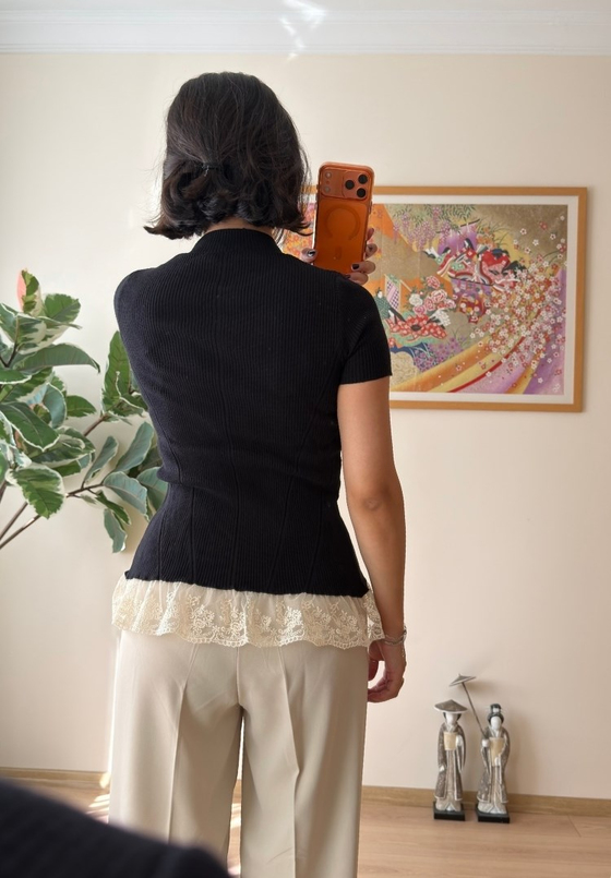 Fuka Dantel Detaylı Triko Bluz Siyah