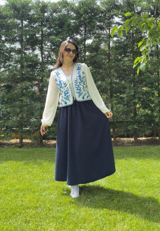 Gai Nakışlı Bağlamalı Bluz Mavi