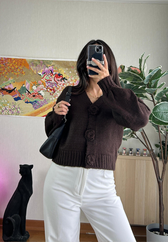 Gül Detaylı Hırka Kahve