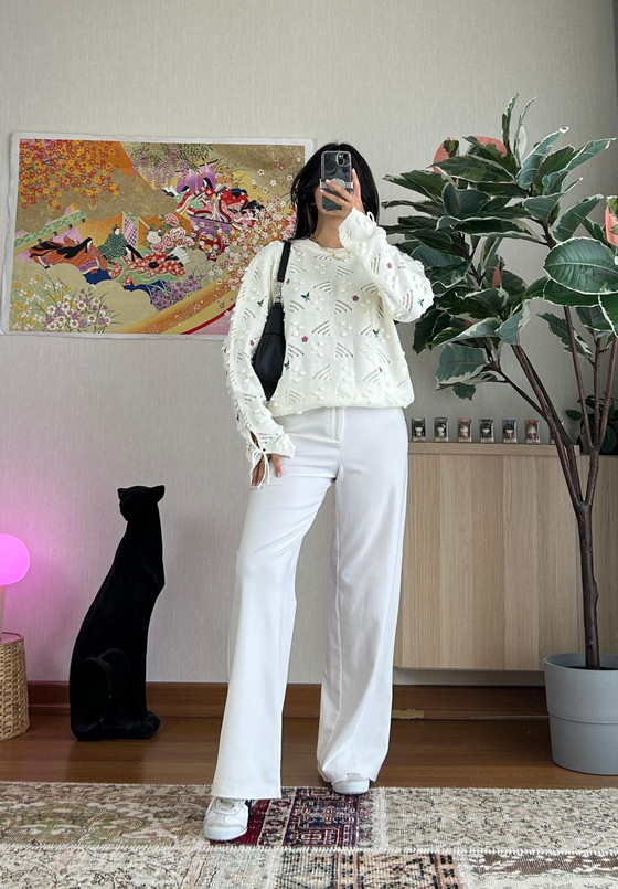 Hika Oversize Pütürlü Kazak Beyaz
