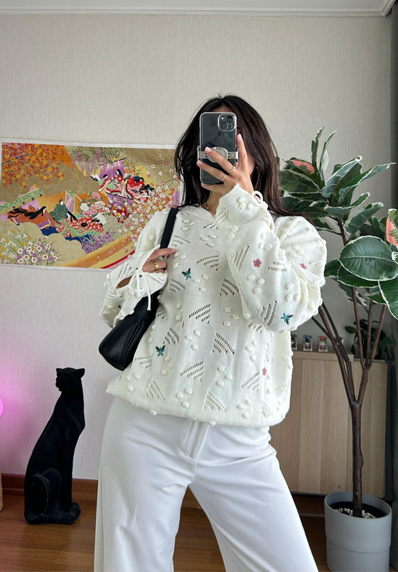 Hika Oversize Pütürlü Kazak Beyaz