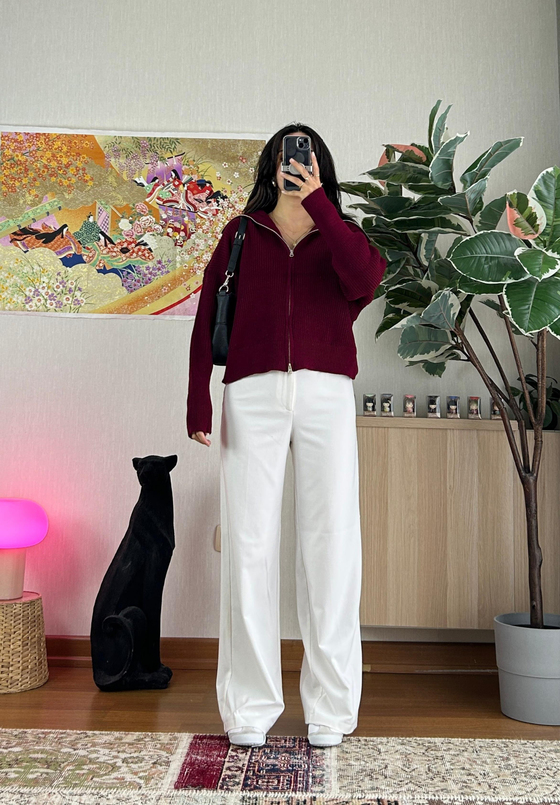 Himari Fermuarlı Triko Hırka Bordo