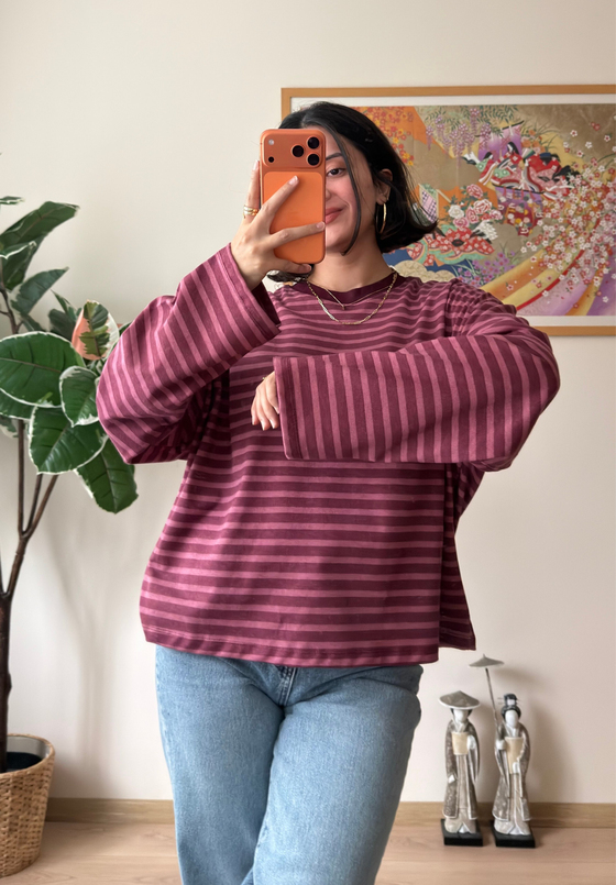 İnce Çizgili Bisiklet Yaka Oversize Sweatshirt Pembe