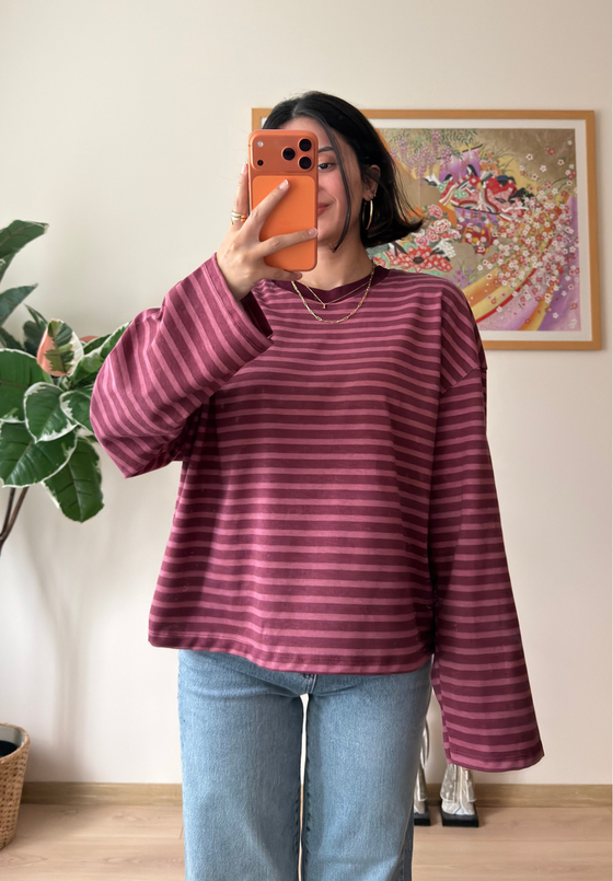 İnce Çizgili Bisiklet Yaka Oversize Sweatshirt Pembe