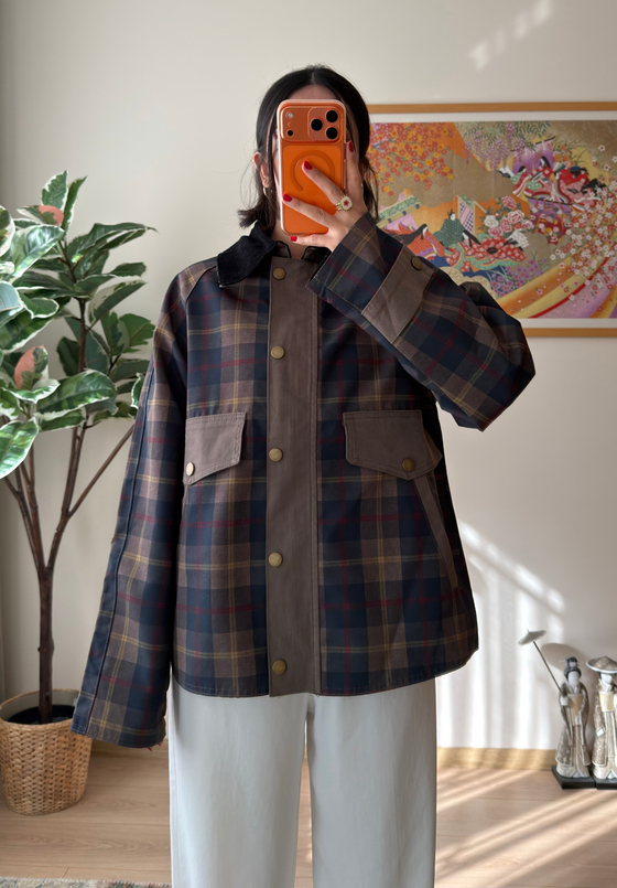 Kadife Yaka Oversize Ekose Ceket