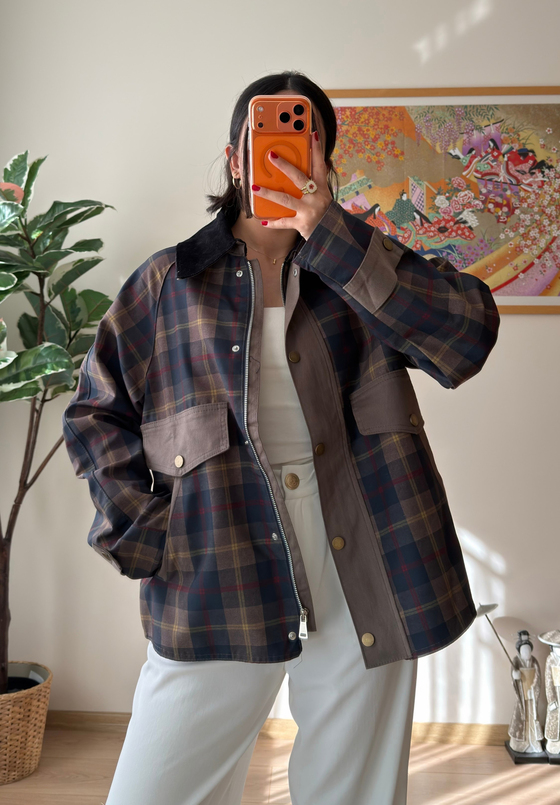 Kadife Yaka Oversize Ekose Ceket