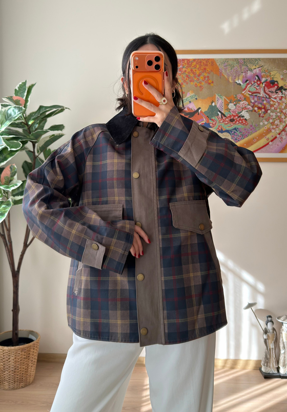 Kadife Yaka Oversize Ekose Ceket