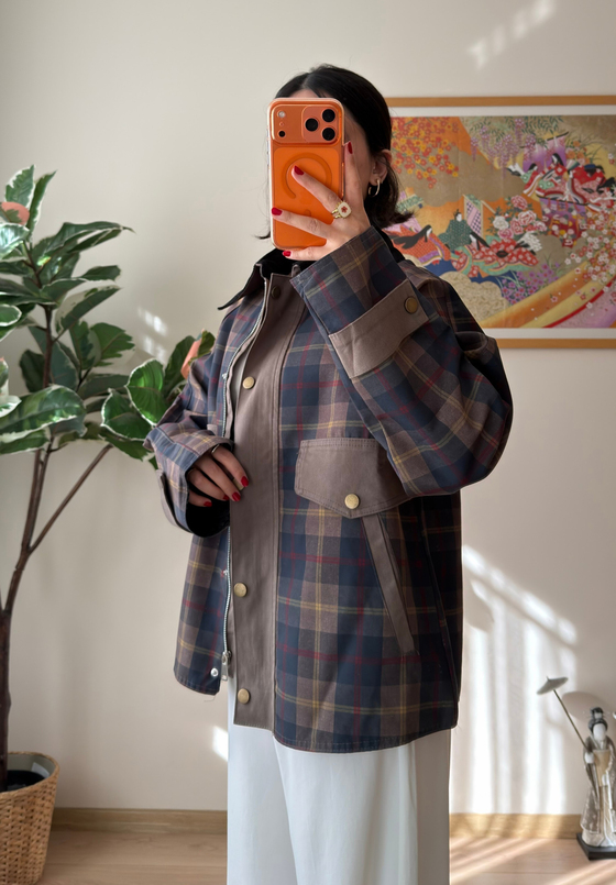 Kadife Yaka Oversize Ekose Ceket