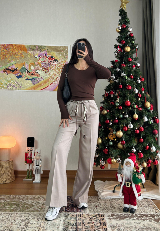 Kaina Fular Bağlamalı Pantolon Bej