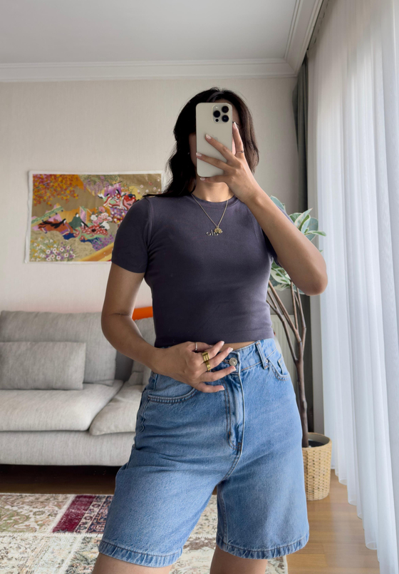 Kaiya Crop Basic T-Shirt Füme