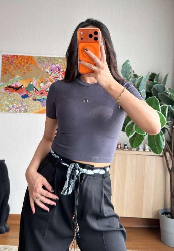 Kaiya Crop Basic T-Shirt Füme