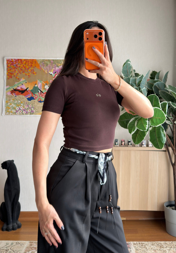 Kaiya Crop Basic T-Shirt Kahve