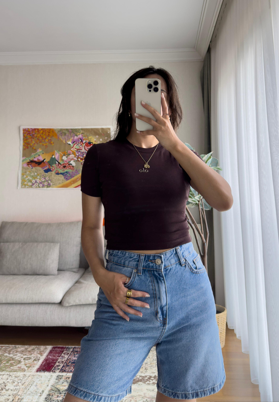 Kaiya Crop Basic T-Shirt Kahve