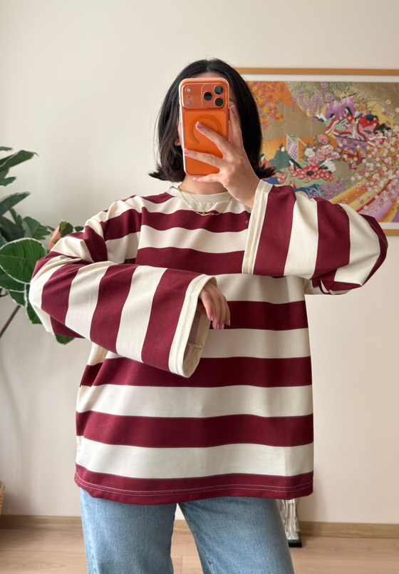 Kalın Çizgili Oversize Sweatshirt Bordo
