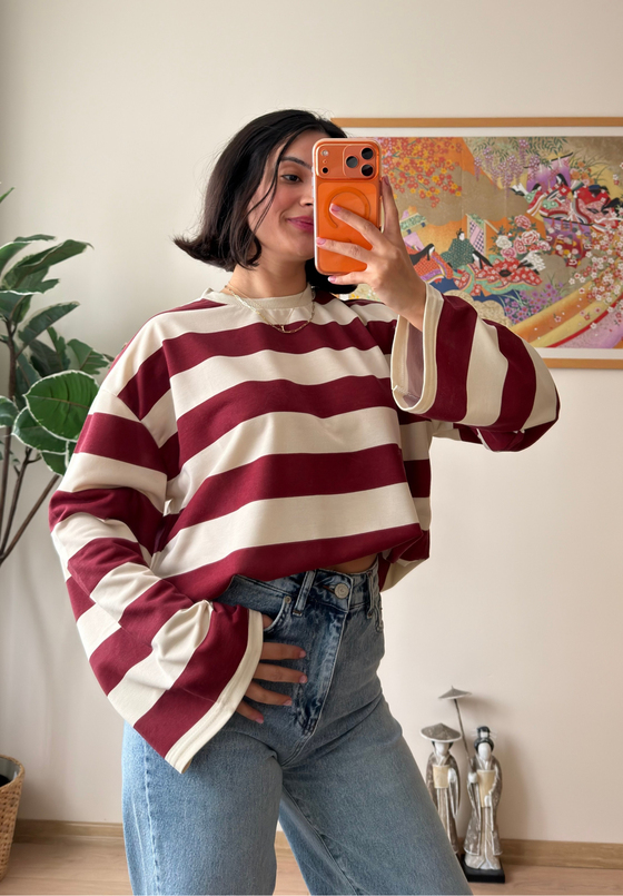 Kalın Çizgili Oversize Sweatshirt Bordo