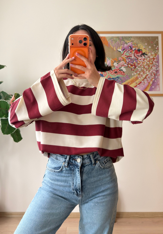 Kalın Çizgili Oversize Sweatshirt Bordo