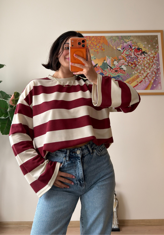 Kalın Çizgili Oversize Sweatshirt Bordo