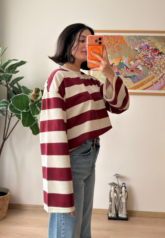 Kalın Çizgili Oversize Sweatshirt Bordo