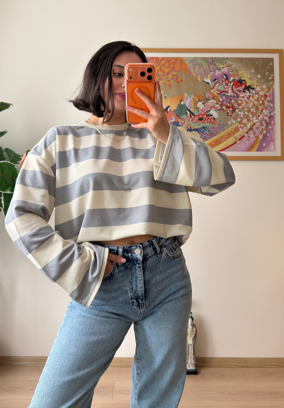 Kalın Çizgili Oversize Sweatshirt Gri