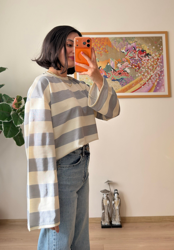 Kalın Çizgili Oversize Sweatshirt Gri
