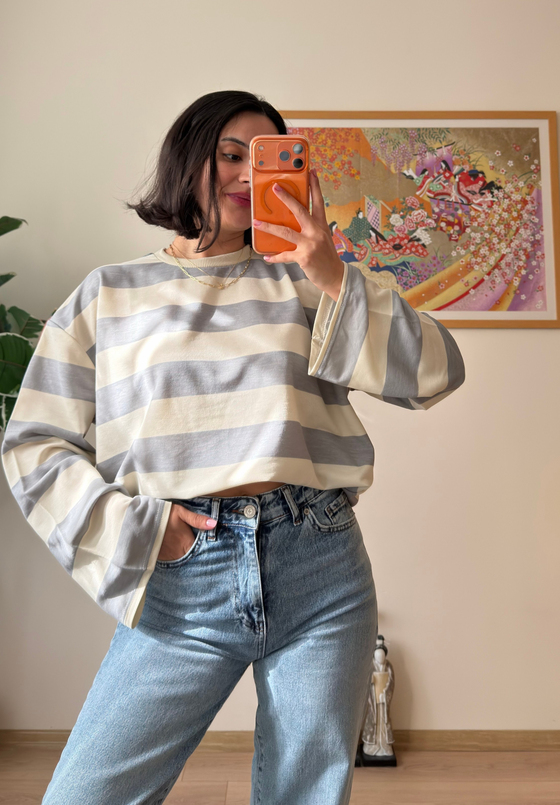 Kalın Çizgili Oversize Sweatshirt Gri