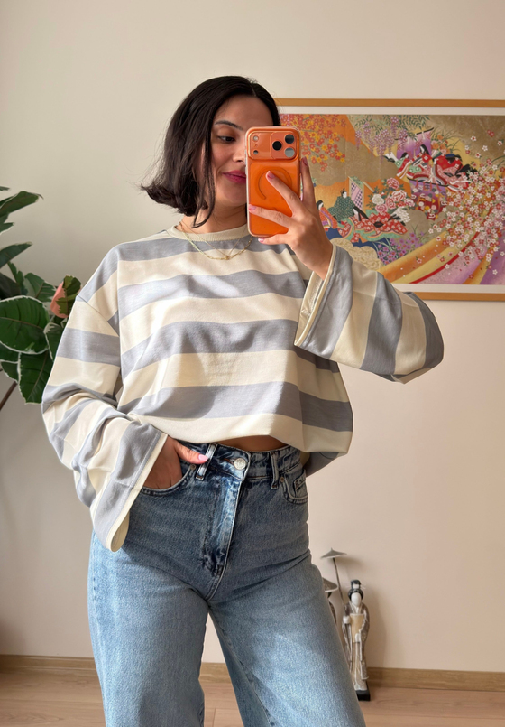 Kalın Çizgili Oversize Sweatshirt Gri