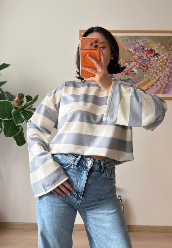 Kalın Çizgili Oversize Sweatshirt Gri