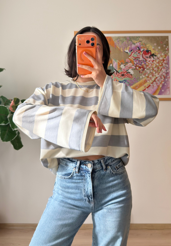 Kalın Çizgili Oversize Sweatshirt Gri